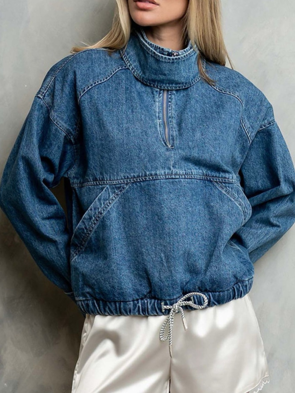Half-Zip Turtleneck Denim Top